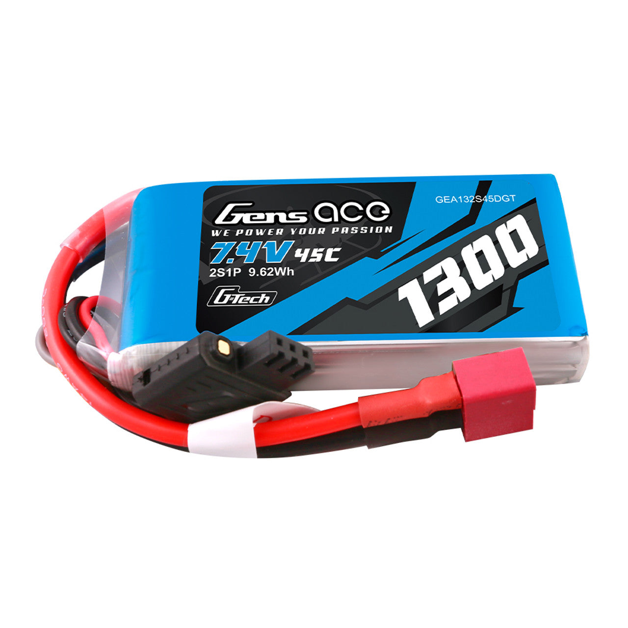Gens Ace 1300mAh 2S 7.4V 45C G-Tech LiPo Battery with Deans plug for RC cars, boats, and planes