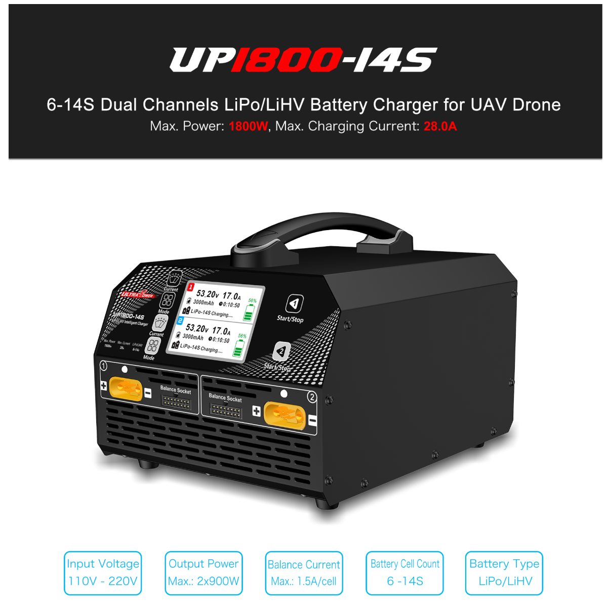 Ultra Power UP1800-14S 1800W 28A 6-14S LiPo/LiHV Battery UAV Drone Charger