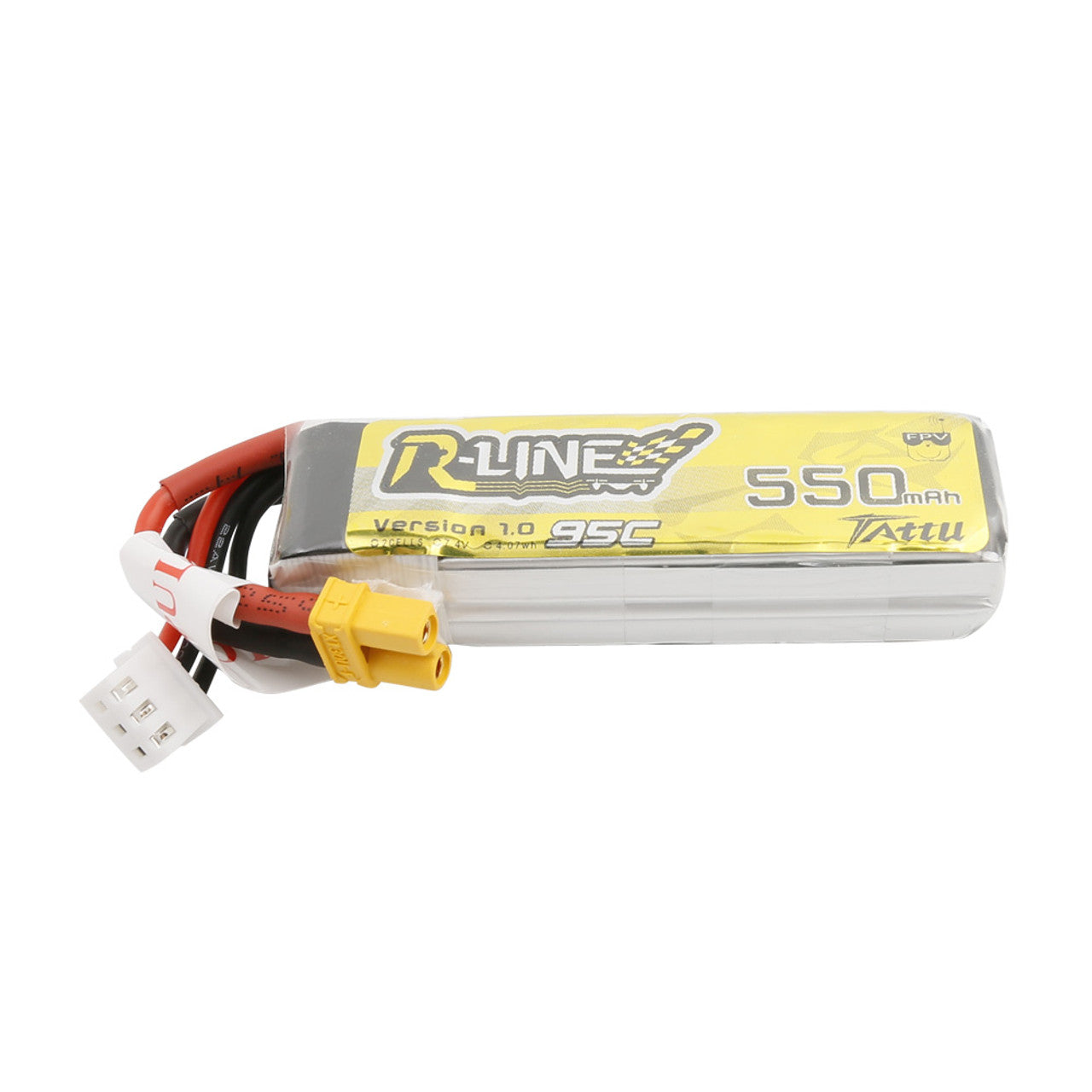 Tattu R-Line 550mAh 2S 95C LiPo Battery with XT30 connector, top view for FPV drones