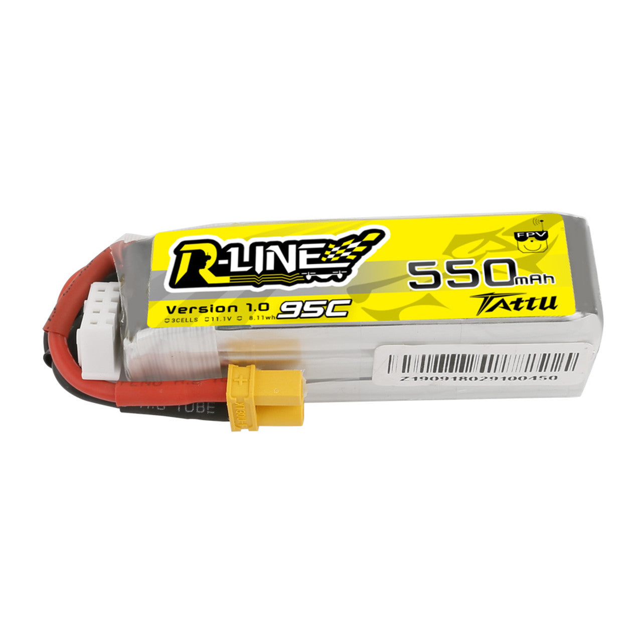 Top view of Tattu R-Line 550mAh 3S 95C LiPo Battery with XT30 connector for FPV drone racing